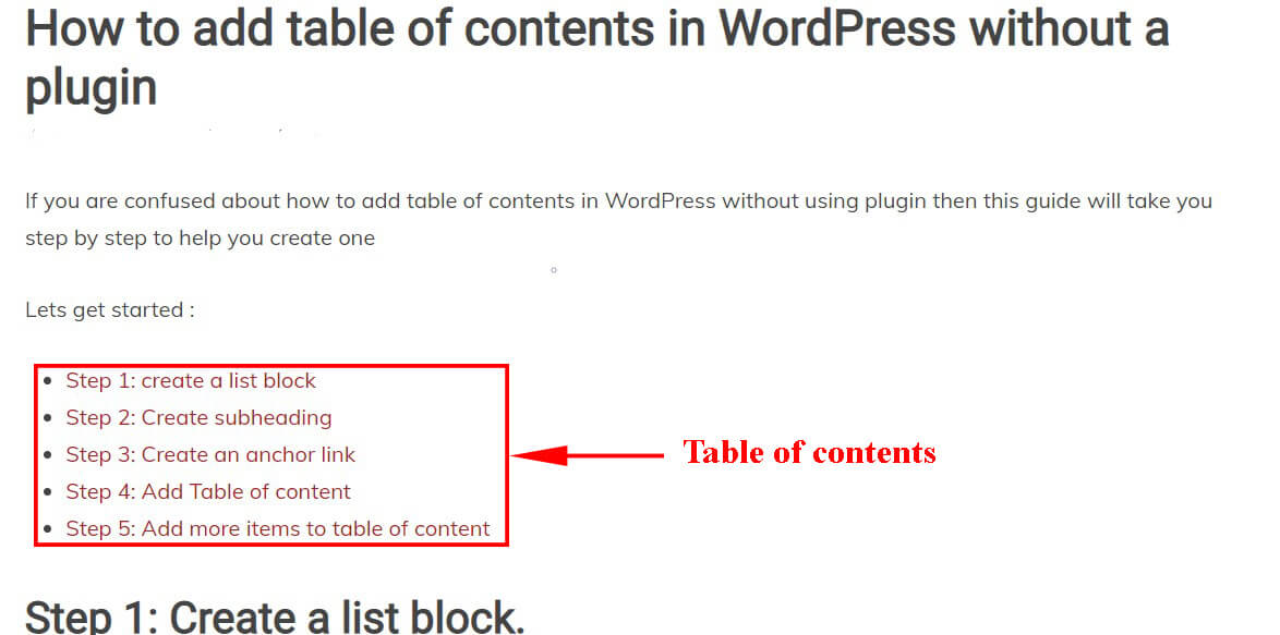 how to add table of contents in wordpress without plugin