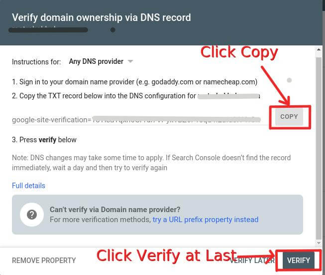 How to set-up google search console DNS reccord