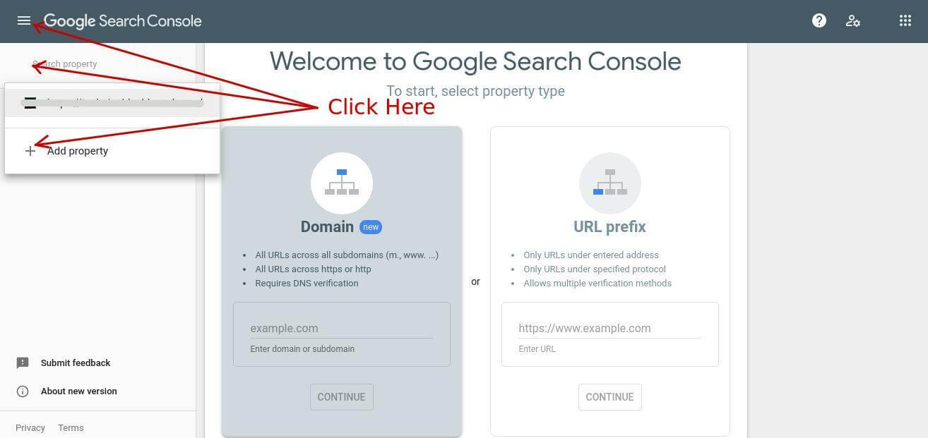 How to set-up google search console add property