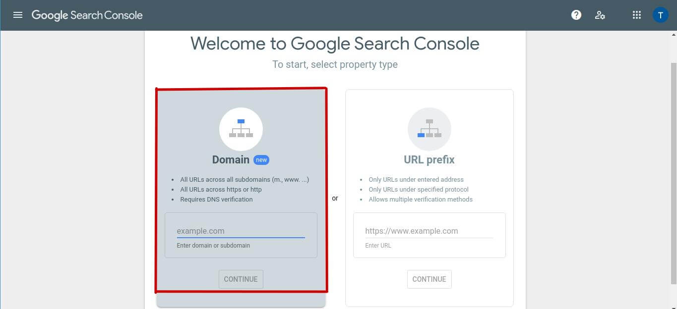 How to Set-up google search console domain page selection