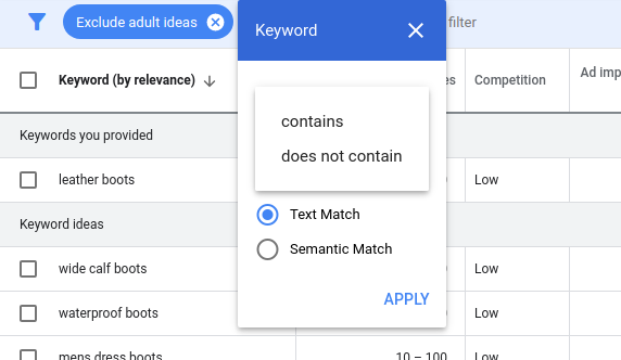 how does google's keyword planner tool work by adding filter
