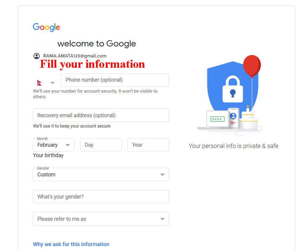 fill your information ( how to create a google account)